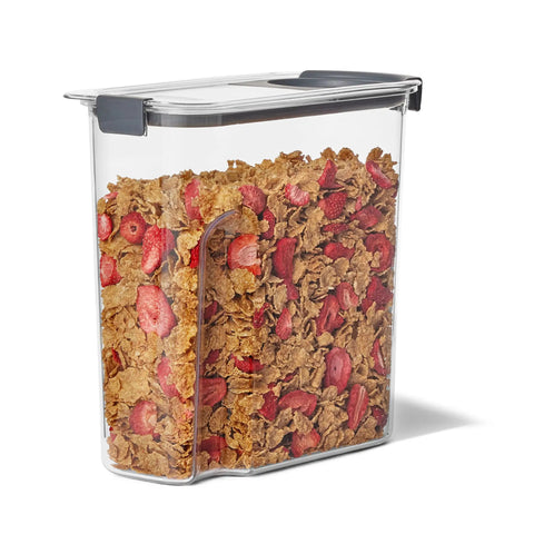 Clear 32oz Cereal Storage Container With Airtight Seal, Shatterproof Tritan, BPA Free And Dishwasher Safe, filled with cereal