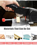 110V Mini Cut Off Chop Saw For Wood And Plastics cutting wood block, materials list includes wood, plastic, brass, fiberglass, aluminum