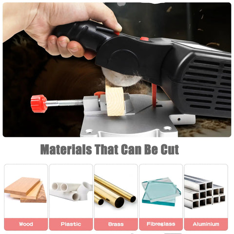 110V Mini Cut Off Chop Saw For Wood And Plastics cutting wood block, materials list includes wood, plastic, brass, fiberglass, aluminum