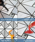 Peel And Stick Backsplash Tile Set With Glass And Metal Pinwheel Pattern shows scratch, water, heat resistance, and easy clean features.