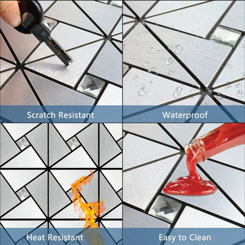 Peel And Stick Backsplash Tile Set With Glass And Metal Pinwheel Pattern shows scratch, water, heat resistance, and easy clean features.