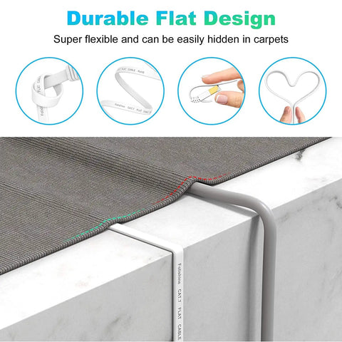 Cat7 Ethernet Cable 15 Ft Flat Patch Cord With Shielded STP RJ45 Connectors, flexible design shown under carpet