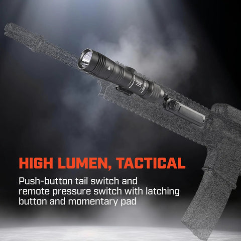 ProTac 2.0 2000 Lumen Rail Mount Tactical Flashlight With Rechargeable Battery Pack USB C Cord Straight Pressure Switch Fits Picatinny Rails Three Operating Modes High Strobe High Only Low High mounted on a rifle