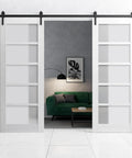 Double Barn Door With Frosted Glass In Nordic White Finish Heavy Duty Sliding Door Kit With 13 Foot Rail And Hangers