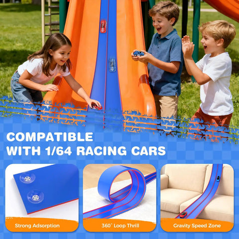 Kids playing with Dual Side By Side 15 Foot Flexible Race Track Set For Kids With Reinforced Suction Cup Flex Tracks