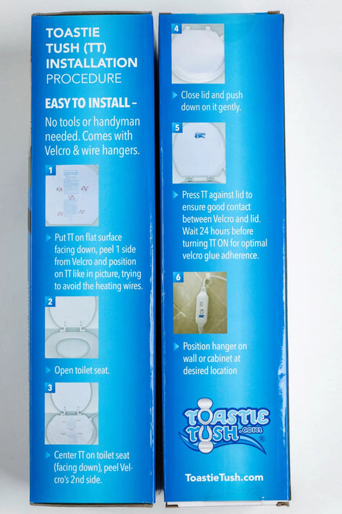 Cozy Elongated Toilet Seat Warmer With Quick HookAndLoop Mount instructions and installation steps on blue packaging
