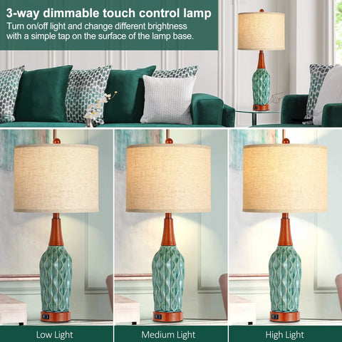 Vintage Ceramic Table Lamps Set Of 2 For Your Living Room And Bedroom Teal MCM Style Nightstand Lamps With USB Port 3 Way Dimmable Oatmeal Linen Shade Bulb Included in different brightness settings