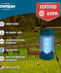 Beefy Two Acre Outdoor Bug Zapper With Dual Lure hanging in outdoor setting, showing 120W UV light and certifications.