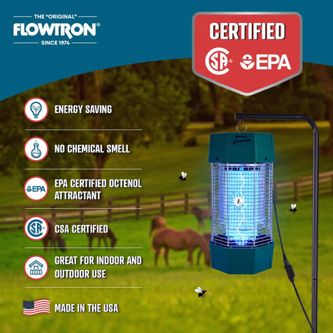 Beefy Two Acre Outdoor Bug Zapper With Dual Lure hanging in outdoor setting, showing 120W UV light and certifications.