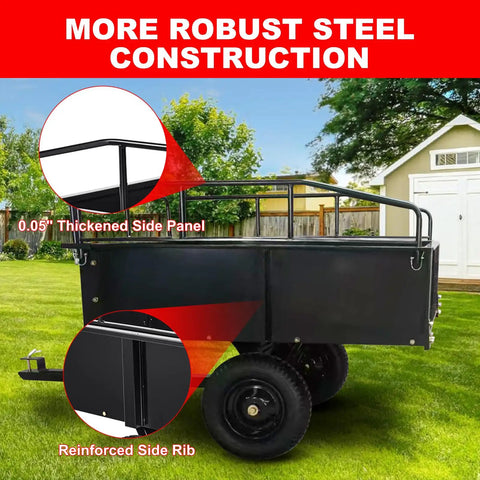 Dump Cart For Yard Work With 15 Cu Ft Steel Utility Trailer Removable Sides Foot Operated Dump And All Terrain Tires Tow Behind