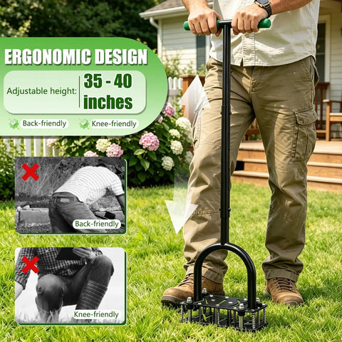 Pro Grade Adjustable Lawn Aerator Tool With Rebound Spring And 16 Sharp Metal Spikes ergonomic T Handle in use