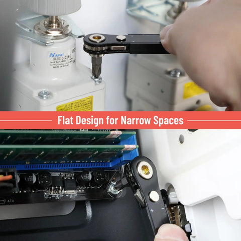 Using Top Shelf Mini Ratchet Set, 34 Piece Cr-V Steel Kit to tighten screws in tight spaces with a flat screwdriver adapter.