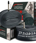 27.5 Inch Bike Inner Tubes Pack of 2 With 48mm Presta Valve for Mountain And Hybrid Bikes, displayed with packaging