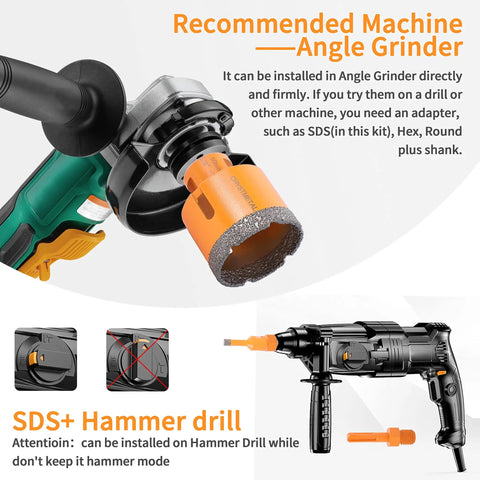 Diamond Core Drill Bits Set 6mm To 65mm Vacuum Brazed Tile Hole Saw 9 Pieces shown with angle grinder attachment