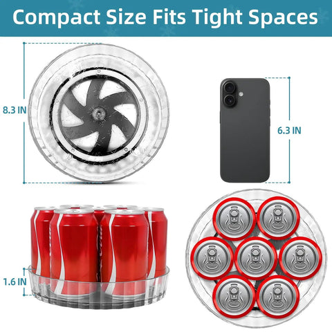 Compact Clear Acrylic Lazy Susan Organizer 8 Inch Turntable for Cabinets Countertops and Bathrooms with soda cans displayed.