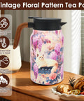 Floral Pattern Teapot With Wood Handle, Insulated Stainless Steel Thermal Teapot With Infuser on kitchen table.