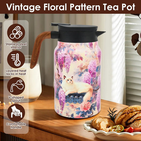 Floral Pattern Teapot With Wood Handle, Insulated Stainless Steel Thermal Teapot With Infuser on kitchen table.