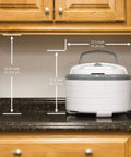 Expandable Food Dehydrator Machine For Making Beef Jerky And Dried Fruit Snacks With Six Trays and Converga Flow Airflow Tech Hits Different For Weekend Batch Cooking In Gray dimensions on kitchen counter.