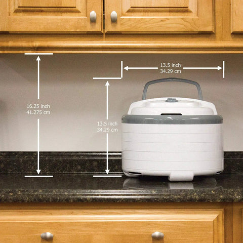 Expandable Food Dehydrator Machine For Making Beef Jerky And Dried Fruit Snacks With Six Trays and Converga Flow Airflow Tech Hits Different For Weekend Batch Cooking In Gray dimensions on kitchen counter.