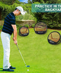 Man practicing with Pop Up Golf Chipping Practice Net Set For Indoor And Outdoor Use With 12 18 24 Inch Targets in backyard