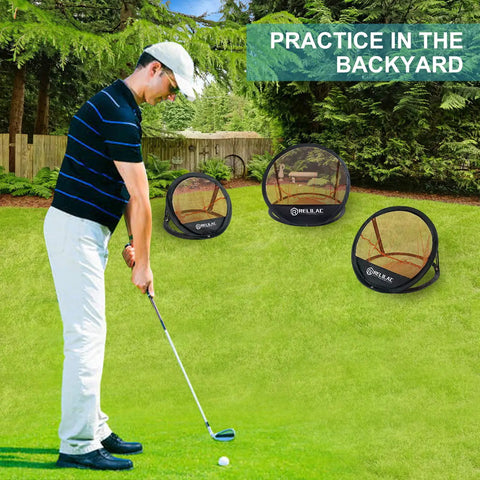 Man practicing with Pop Up Golf Chipping Practice Net Set For Indoor And Outdoor Use With 12 18 24 Inch Targets in backyard
