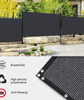 Black Privacy Screen Fence Mesh Cover 5ft By 50ft Heavy Duty Shade Net installed outdoors with close-up on materials and grommets
