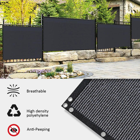 Black Privacy Screen Fence Mesh Cover 5ft By 50ft Heavy Duty Shade Net installed outdoors with close-up on materials and grommets