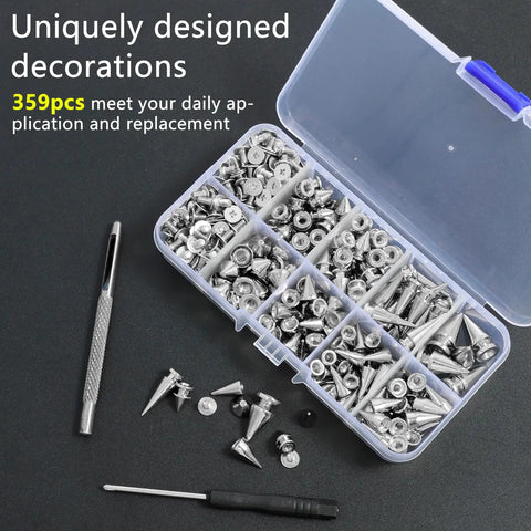 Open box of 359 Piece Punk Spikes And Studs Kit In Zinc Alloy Silver Cone Spikes And Rivets with tools on black surface