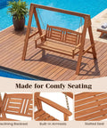 Two Seater Porch Swing With Stand, Solid Wood Patio Loveseat With Adjustable Chains, Built In Backrest And Armrests, Outdoor Swing Bench For Garden Backyard Or Poolside Vibes on poolside deck