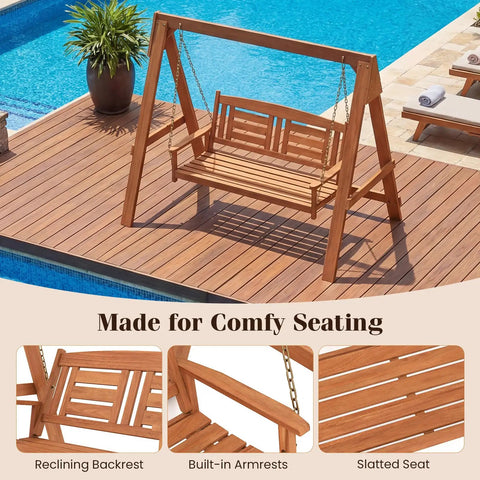 Two Seater Porch Swing With Stand, Solid Wood Patio Loveseat With Adjustable Chains, Built In Backrest And Armrests, Outdoor Swing Bench For Garden Backyard Or Poolside Vibes on poolside deck