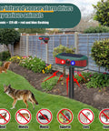Solar Powered Outdoor Alarm Motion Sensor With 129dB Siren, Ultrasonic Detector And Strobe Light, 4 Modes For Critter Deterrent, Waterproof Security System For Home And Farm (Red) in garden with fence