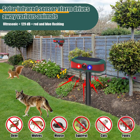 Solar Powered Outdoor Alarm Motion Sensor With 129dB Siren, Ultrasonic Detector And Strobe Light, 4 Modes For Critter Deterrent, Waterproof Security System For Home And Farm (Red) in garden with fence
