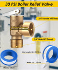 Gulfmew brass 30 PSI boiler relief valve with 3/4 in female NPT inlet and 3/4 in male NPT outlet; lever, PTFE tape.