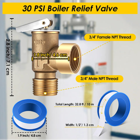 Gulfmew brass 30 PSI boiler relief valve with 3/4 in female NPT inlet and 3/4 in male NPT outlet; lever, PTFE tape.