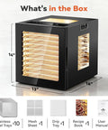 Heavy Duty Electric Food Dehydrator Featuring Ten Stainless Steel Trays And Ten Smart Presets for easy food drying, 14" x 13" x 16".