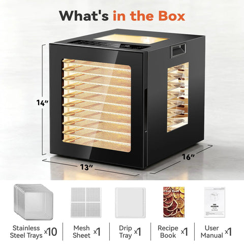 Heavy Duty Electric Food Dehydrator Featuring Ten Stainless Steel Trays And Ten Smart Presets for easy food drying, 14" x 13" x 16".