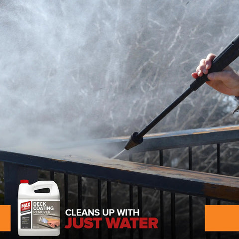 Person using heavy duty deck stain and coating remover on wooden railing, demonstrating easy cleaning with zero harsh fumes.