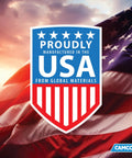 American flag background with shield stating 'Proudly Manufactured in the USA from Global Materials', CAMCO logo in corner.