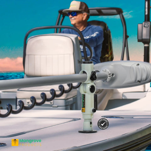 Built Tough Adjustable Trolling Motor Stabilizer Bracket With Vertical Adjustment And Shock Absorption, Hassle Free No Drill Install For Minn Kota Rhodan Garmin Boats, Ride Smooth Outboard Support on boat deck.