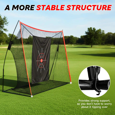 10x7Ft Golf Net With Turf Mat And Noise Free Target For Backyard, Garage, And Terrace with black frame on a golf course