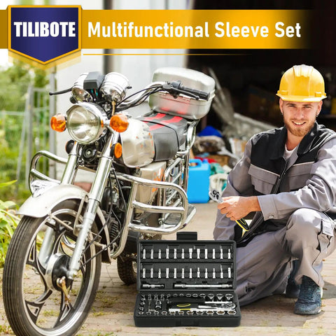 Man using 62 Piece One Quarter Inch Drive Ratchet Wrench Set With 72 Tooth Ratchet SAE And Metric near motorcycle, toolbox open