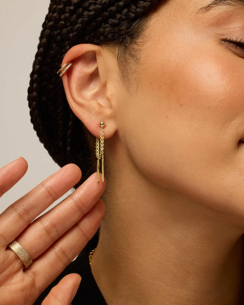 Ball Drop Earrings In Sterling Silver Posts With Yellow Gold Tone Chains, 19.5mm Dangle, 23mm Back Chain And 20mm Front Chain, Everyday Dope Chic Jewelry For Casual Wear Or Dressy Nights. Gold chain drop earrings shown on ear, 19.5mm dangle