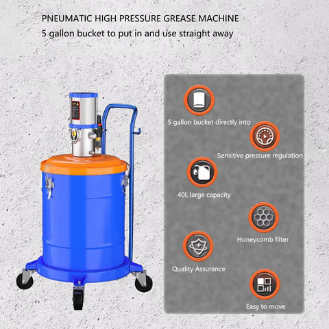 Heavy Duty Pneumatic Grease Pump For 5 Gallon Drums, 70 To 1 Pressure Ratio, 40L Capacity with regulator and filter