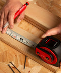 All In One 3 In 1 Laser Tape Measure With Auto Level, 197ft Laser Distance Meter, 16ft Digital Tape With Fractions, Built In Level, Rechargeable Electronic Tape For Builders And Contractors on wood beam