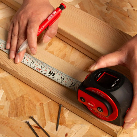 All In One 3 In 1 Laser Tape Measure With Auto Level, 197ft Laser Distance Meter, 16ft Digital Tape With Fractions, Built In Level, Rechargeable Electronic Tape For Builders And Contractors on wood beam