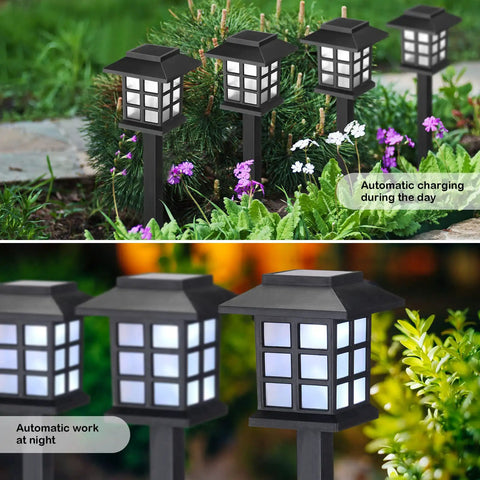 20 Pack Solar Pathway Lights For Outdoors, Waterproof LED landscape lighting illuminating garden at night and charging in daylight.