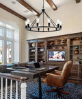Room with Black Farmhouse Wagon Wheel Chandelier With 10 Lights 31.5 Inch Old School Vintage Industrial Round Hanging Ceiling Pendant
