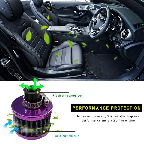 12mm Mini Air Filter For Universal Motor Cold Air Intake Breather Purple in car, boosts airflow and engine performance