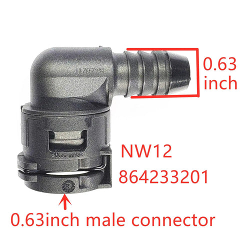 NW12 90 Degree Elbow Coolant Hose Quick Connector Kit For BMW Audi VW Mercedes Cars Radiator Heater Pipe Quick Connect Fitting Water Hose Kit No Fuss Install Thermostat Hoses Repair B48 Engine Compatible, close-up view highlighting dimensions and details.
