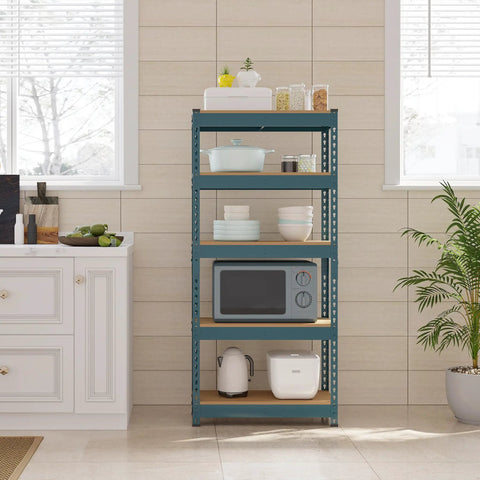 Totally Legit Five Tier Metal Storage Shelving Rack With Adjustable Levels And Slick Modular Design, Spacious 27.5X12X60 Inch Neptune Blue Organizer Kicks Clutter To The Curb For Home Or Garage